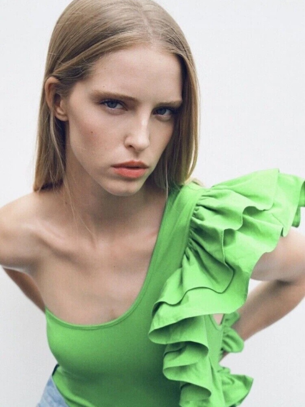 ZARA Green One Shoulder Asymmetric Pleated Ruffle Bodysuit Top